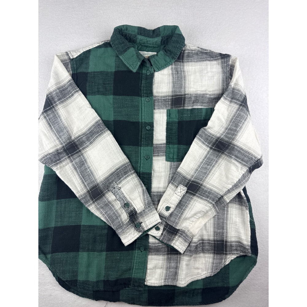 American Eagle Men's Green White Split Plaid Flannel Cozy Shirt Medium Vintage